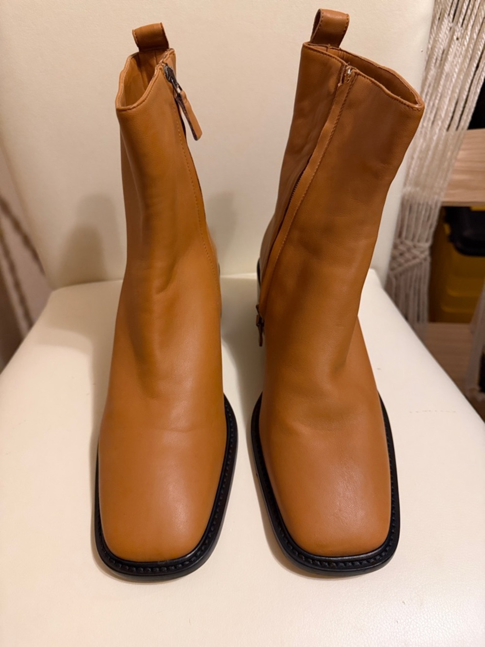 Everlane Cognac Leather Mid-Calf Zip Heeled Boots